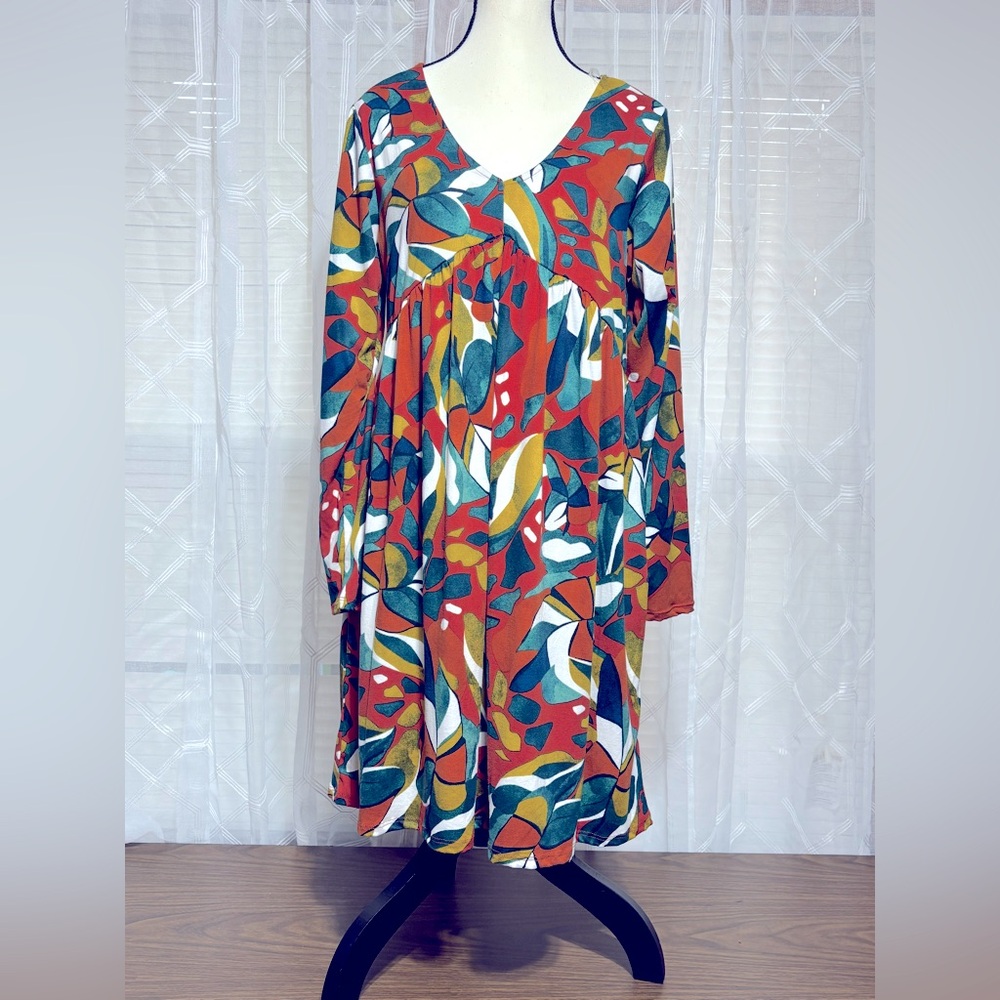 Haptics size small Colorful Leaf Print Dress v neck 23” sleeve 19” waist 35”L